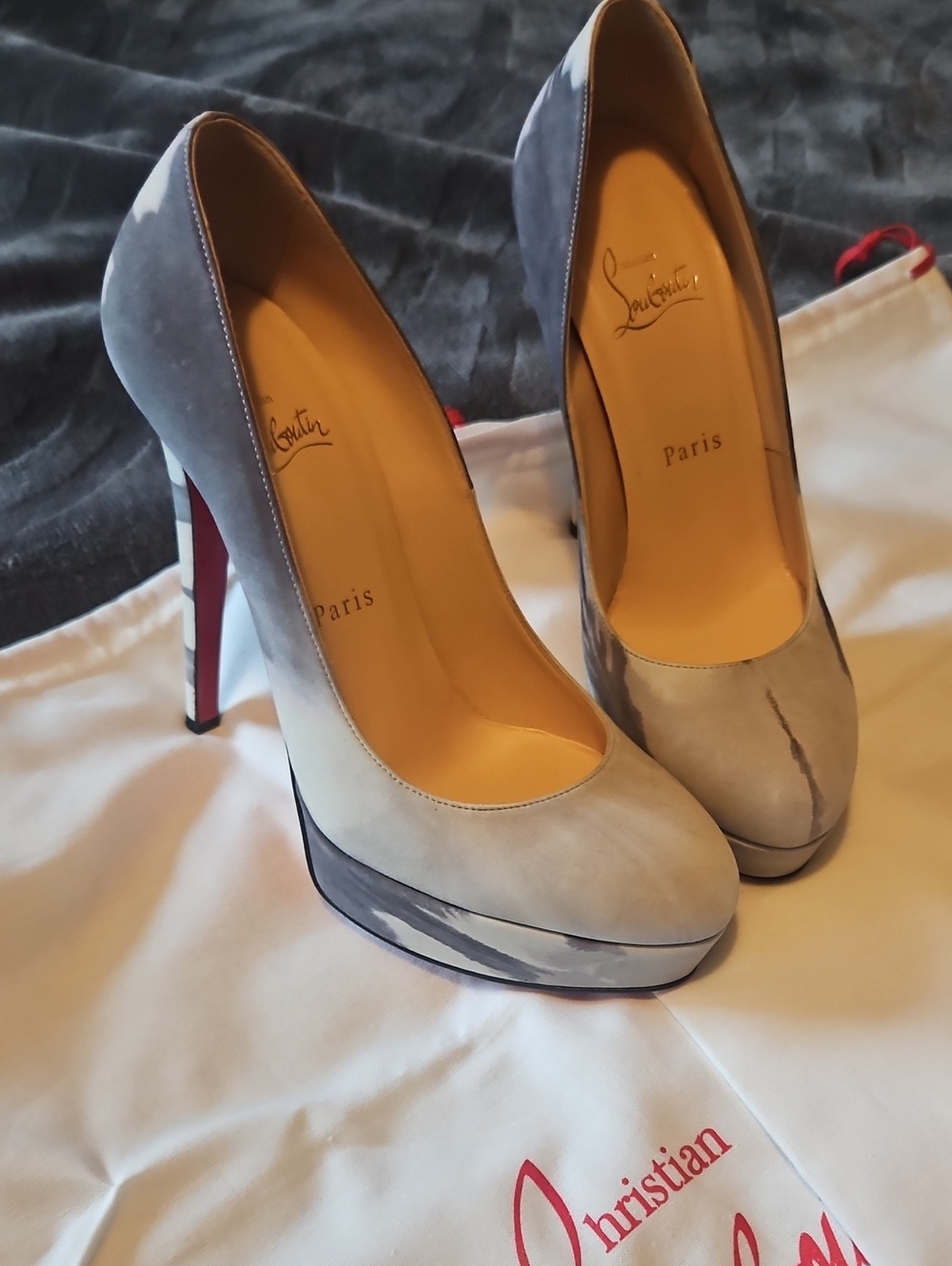 Christian Louboutin Bianca Gray Suede Marbled Platform Pumps with Red Sole
